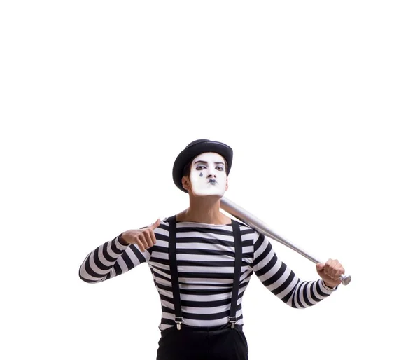 Mime met honkbalknuppel geïsoleerd op wit — Stockfoto