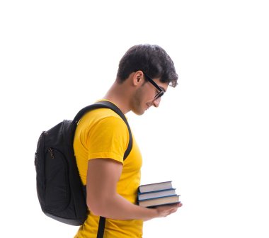 Kitapları beyaz olan genç bir öğrenci.