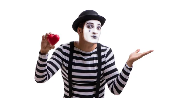 Mime holding red heart isolated on white background — Stock Photo, Image