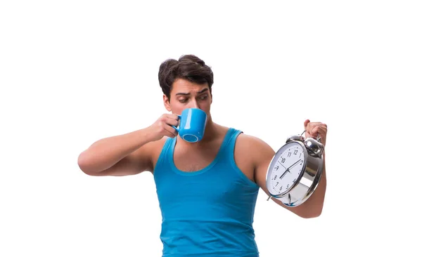 Man waking up with alarm clock isolated on white — Stock Photo, Image