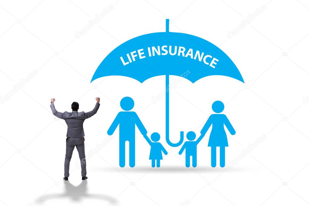 Life insurance concept with family under umbrella