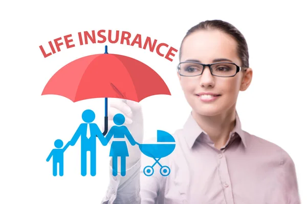 Концепція страхування життя з натисканням кнопки бізнес-леді — стокове фото