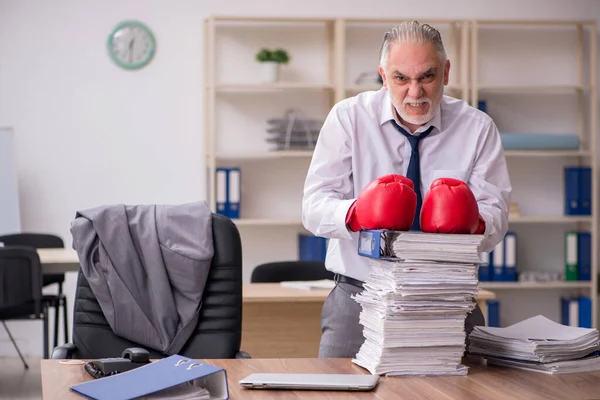 Gammal affärsman anställd bär boxningshandskar på arbetsplatsen — Stockfoto