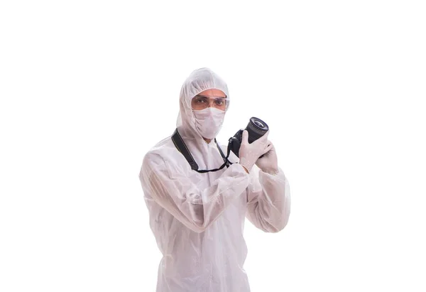 Forensic specialist in protective suit taking photos on white — Stock Photo, Image