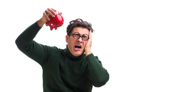 Nerd junger Mann mit Sparschwein isoliert auf weiß — Stockfoto