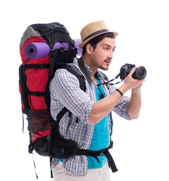 Beyaz arka plan üzerinde izole kamera ile Backpacker — Stok fotoğraf