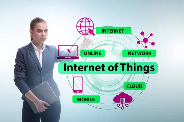 IoT 컨셉트에서 가상 버튼을 누르는 사업가 — 스톡 사진