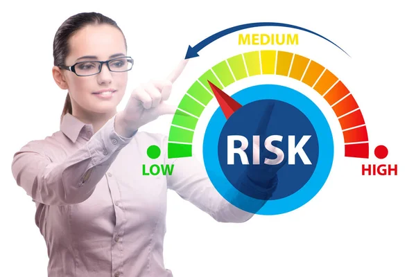 Businesswoman in risk metering and management concept — Stock fotografie