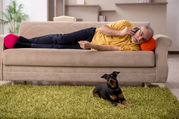 Homem envelhecido com cachorrinho em casa — Fotografia de Stock