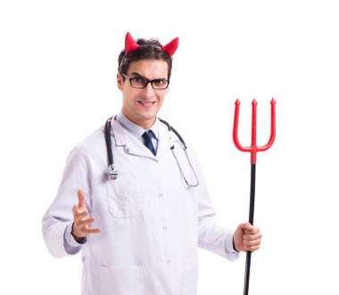 Komik tıbbi konseptte şeytan doktor, beyaz sırtlarda izole edilmiş.