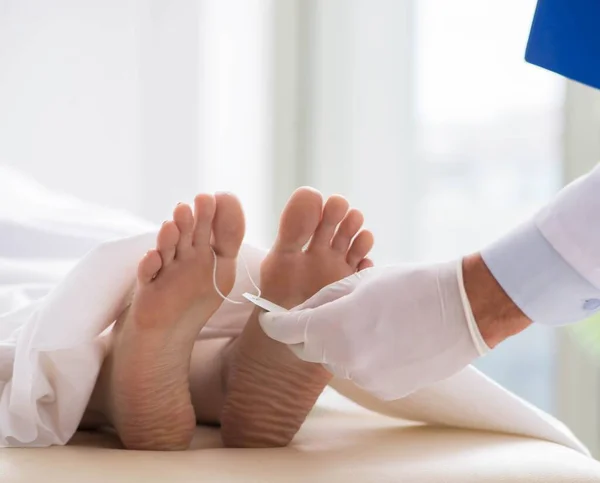 Forense de policía examinando cadáver en morgue — Foto de Stock