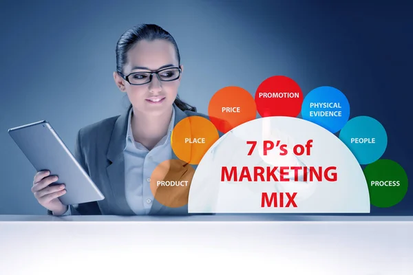 Bizneswoman w koncepcji 7ps marketingu mix — Zdjęcie stockowe