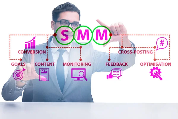 Empresario pulsando botón en concepto SMM —  Fotos de Stock