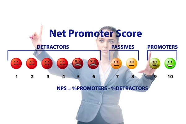 Net Promooter Score концепція NPS з бізнес-леді, що натискає virtu — стокове фото