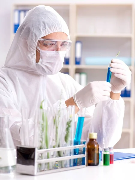 Químico cientista biotecnológico que trabalha em laboratório — Fotografia de Stock