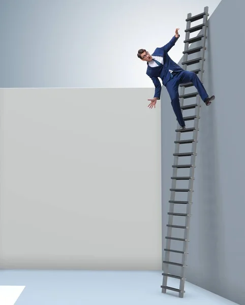 Empresário subindo uma escada para escapar de problemas — Fotografia de Stock