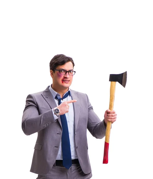 白い斧で隔離された怒っているビジネスマン — ストック写真