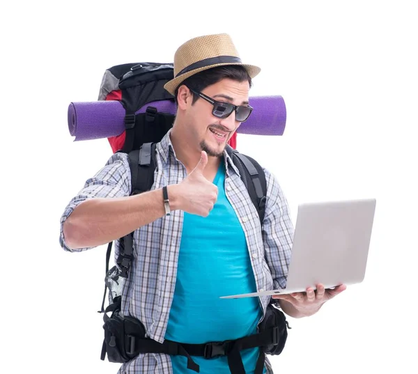 Turysta próbuje znaleźć kierunek z laptopem — Zdjęcie stockowe