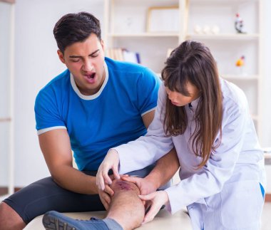 Spor sakatlığı geçiren hasta doktoru ziyaret ediyor.