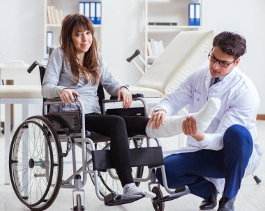 Erkek doktor tekerlekli sandalyedeki kadın hastayı muayene ediyor.