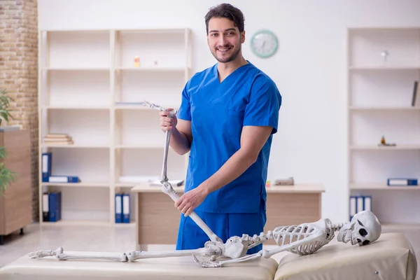 Jovem médico masculino examinando paciente esqueleto — Fotografia de Stock