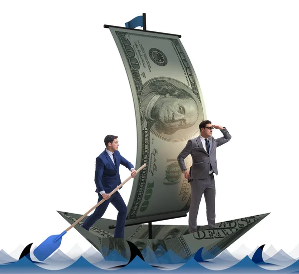 Zakenman roeien op dollarboot in business financieel concept — Stockfoto