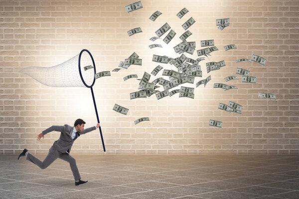 Young businessman catching dollars with landing net