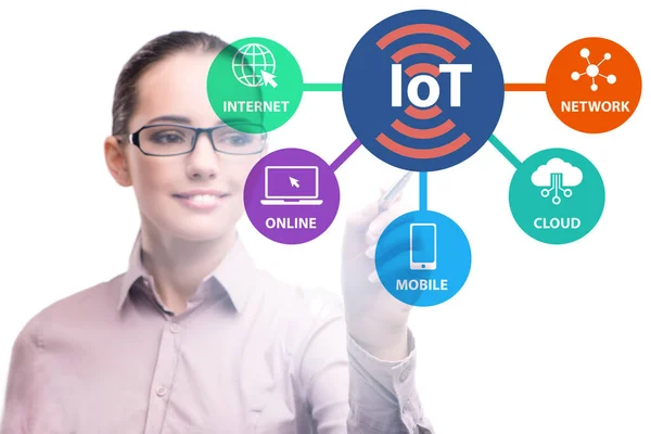 IoT 컨셉트에서 가상 버튼을 누르는 사업가 — 스톡 사진