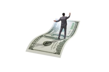 İş adamı 100 dolarlık banknotla uçuyor.