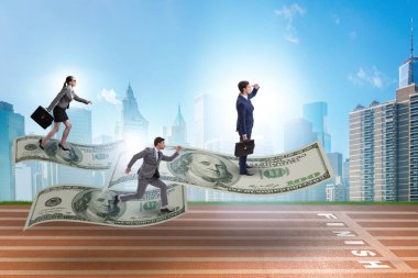 İş adamları 100 dolarlık banknotla uçuyor.