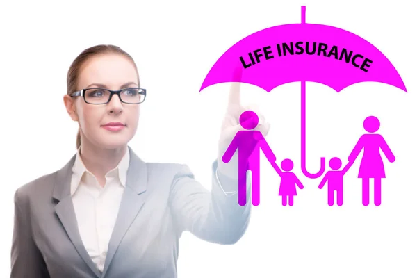 Life insurance concept with businesswoman pressing button — Stock Photo, Image