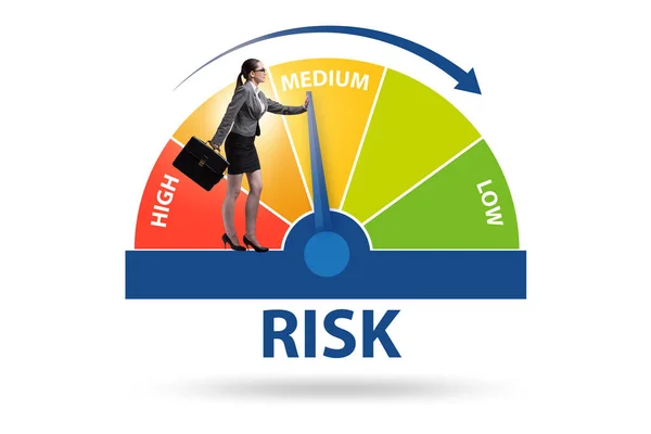Businesswoman in risk metering and management concept — Stock fotografie