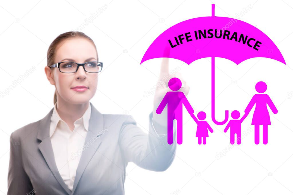 Life insurance concept with businesswoman pressing button