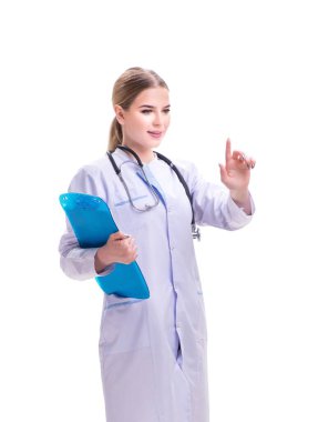 Genç kadın doktor beyaz arka planda izole edilmiş.