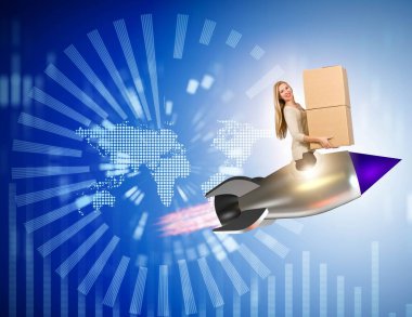 Kadın jetpack uçuruyor ve kutuları küresel olarak teslim ediyor.