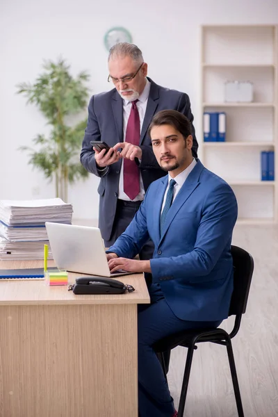 Old boss and young male employee working in the office — Stock Photo, Image