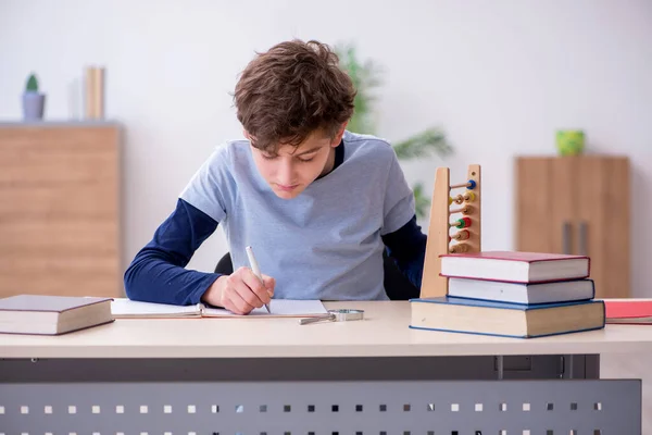 Studentessa con abaco studiare matematica a casa — Foto Stock