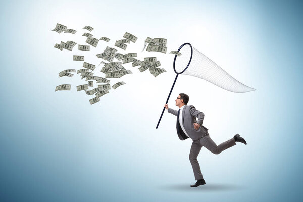 Молодой бизнесмен ловит доллары с посадочной сетью