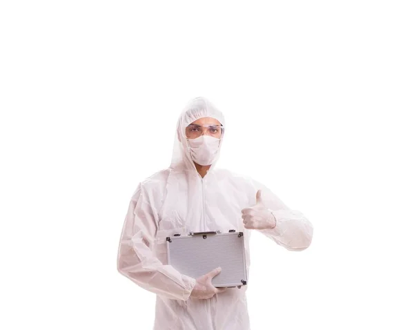 Criminologist in protective suit with steel case — Stock Photo, Image
