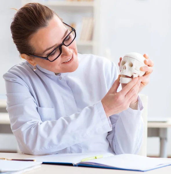 Kvinna läkare studerar mänskligt skelett — Stockfoto