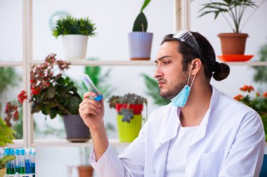 Laboratuvarda çalışan genç erkek kimyager parfümcüsü.