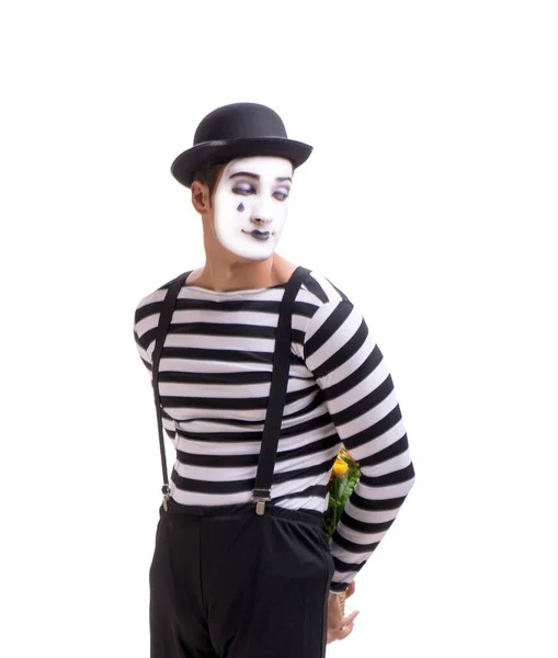 Mime met bos bloemen geïsoleerd op wit — Stockfoto