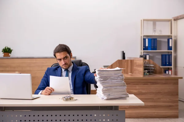 Mladý muž zaměstnanec čtení smlouvy na pracovišti — Stock fotografie