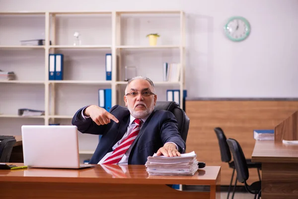 Oude mannelijke werknemer zit in het kantoor — Stockfoto