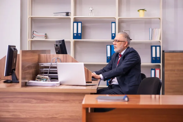 Stary mężczyzna pracownik siedzi w biurze — Zdjęcie stockowe