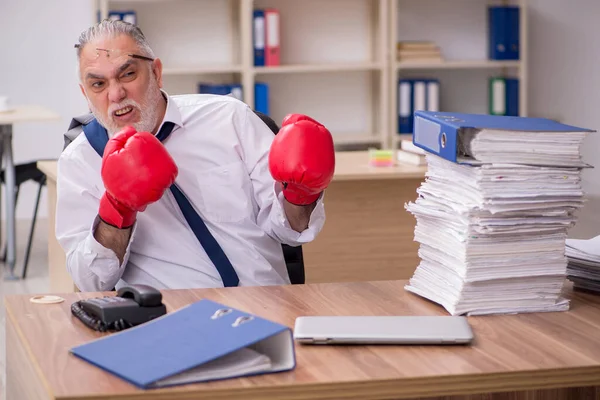 Alter Geschäftsmann mit Boxhandschuhen am Arbeitsplatz — Stockfoto