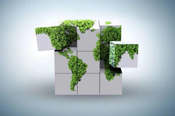 Mapa do mundo no cubo no conceito de ambiente verde - 3d renderin — Fotografia de Stock