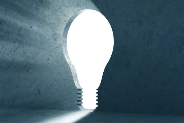 Nova ideia conceito com lâmpada em forma de furo na parede de renderização 3d — Fotografia de Stock