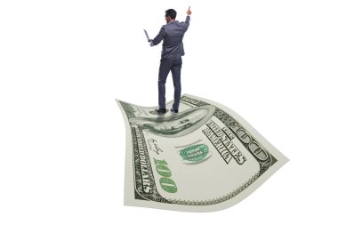 İş adamı 100 dolarlık banknotla uçuyor.