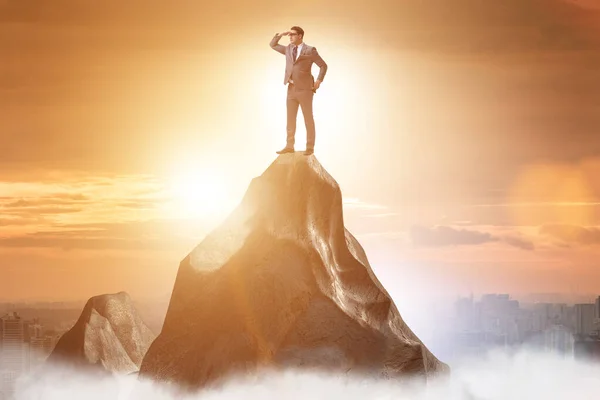 Empresario en la cima de la montaña en concepto de carrera — Foto de Stock